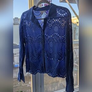 Blue Eyelet Cutout Button Up